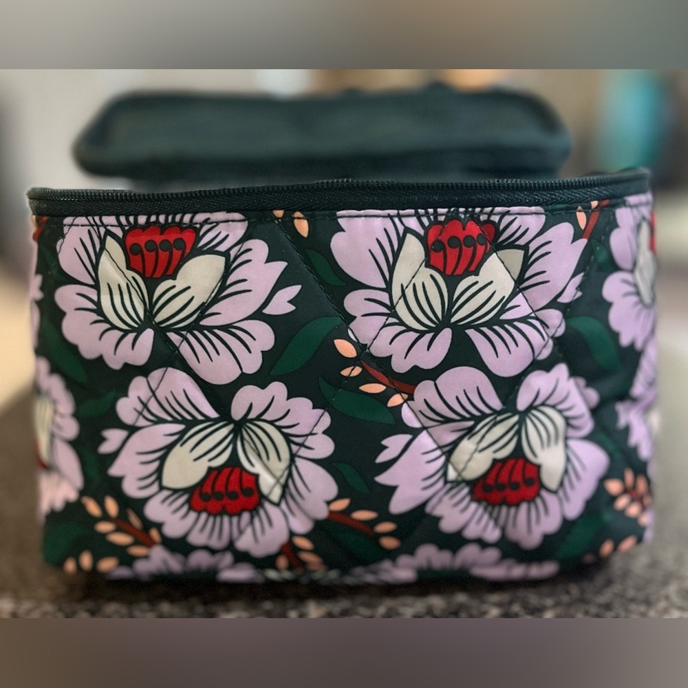 Vera Bradley Lotus Flower Pink and Green Cosmetic Makeup Travel Bag Case M/L